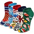 ZFSOCK Womens Cotton Animal Socks Novelty Cartoon Dog Cat Socks Ladies Cute Fast Food Pizza Pattern Mini Crew Socks Funny Socks for Girls Ladies 5 Pairs