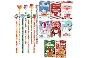 DERAYEE Ensemble de Papeterie Noël,Crayon de Noël avec Gomme 8PCS,Carnet à Spirales de Noël 8PCS,Papeterie de Fête pour Enfants,Kit de Noël Créativité