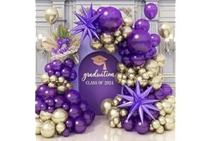 JOBKOO Purple and Gold Balloons Arch Kit, Dark Purple Gold Balloons Garland with Purple Mylar Explosion Star Balloons, Metallic Light Champagne Balloon Violet Royal Balloon for Adults Prom Luxury Decorations