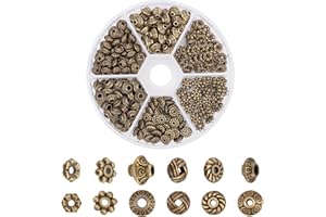PH PandaHall 295pcs 6 Shapes Tibetan Style Alloy Spacer Beads with 1-2mm Hole for Bracelet DIY Jewellery Making, Antique Bronze