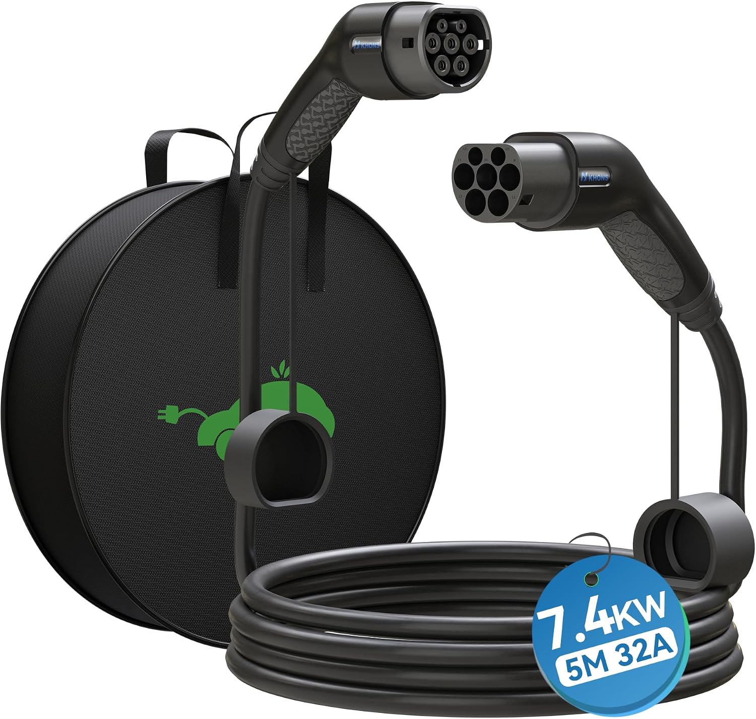 KHONS Cable de Carga Tipo 2 Modo 3 7,4 kW 32 A monofásico 5 m para Coche eléctrico/híbrido EV Tipo 2 a Tipo 2 IP65 Compatible con Todos los Modelos Tipo 2/CCS2