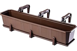 KADAX Jardinière avec soucoupe - Pot de fleurs rectangulaire en plastique pour intérieur et extérieur - Fleurs, balcon, terrasse, rebord de fenêtre (80 cm, avec supports, marron)
