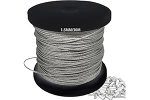 JAHOMFAI 1.5mm 304 Wire Rope Stainless Steel Wire Cable 30m Length 7x7 Cross Section 180kg Breaking Load stainless steel cable with 30 Pcs Aluminum Crimping Clamps Loop Sleeve