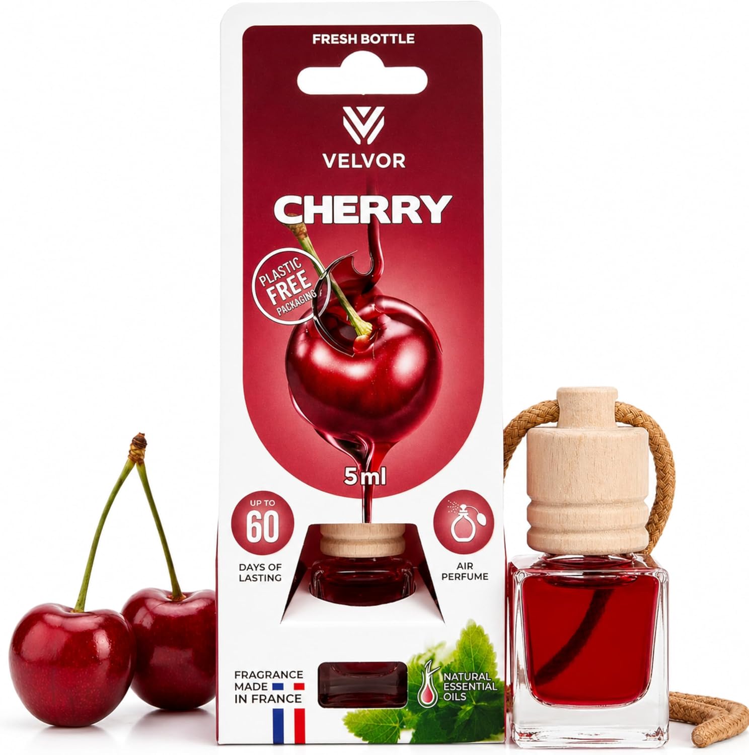 Velvor Car Air Freshener Wooden Diffuser 5ml – Made in France Hanging Car Perfume, Sweet Fruity Aroma, Long Lasting Wooden Cap Diffuser Up to 60 Days, Plastic-Free Packaging (Cherry)