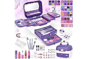 BuzzoXerex Maquillage Enfant Fille, Ensemble de Malette Maquillage Fille 73 Pièces Lavable Coffret Maquillage Enfant avec Miroir de Maquillage, Autocollant pour Ongles et Rouge à Lèvres (Violet)