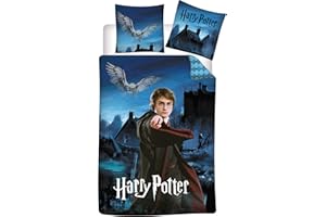 Brandmac Parure de Lit Harry Potter, 100% Coton, Brille dans l'Obscurité, Housse de Couette 140x200 cm + Taie d'oreiller 65x65 cm Bleu HP170Glow