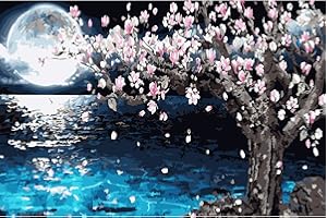 MOGTAA Paesaggio Dipingi con i Numeri per Adulti, Albero Pittura con Numero per Bambini, Ciliegio Kit di Pittura acrilica Principianti, Decora la casa Regalo,con Vernici e pennelli, 40x60cm