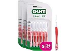GUM TRAV-LER Brossette Interdentaire, 0,8mm / Elimine 25% de Plaque en plus/Brins Recouverts d'un Agent Antibactérien/Manche Ergonomique, Pack 3x6 Unités