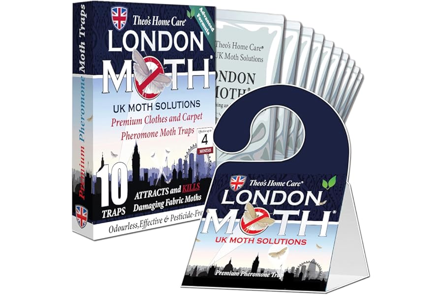 LONDON MOTH KILLER 10 (TEN) Premium Sticky Pheromone Moth Traps for the Common Clothes Moth and Similar Variants, for Wardrobes, Clothes and Carpets. inc. eBook (London Moth)