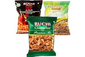 Ruchi Chanachur mixed packs - 3 different and mouth watering flavours: 1X 300g Spicy Hot, 1X 300g Bar-B-Q & 1X 200g Premium packs (1Hot+1BBQ+1Premium)
