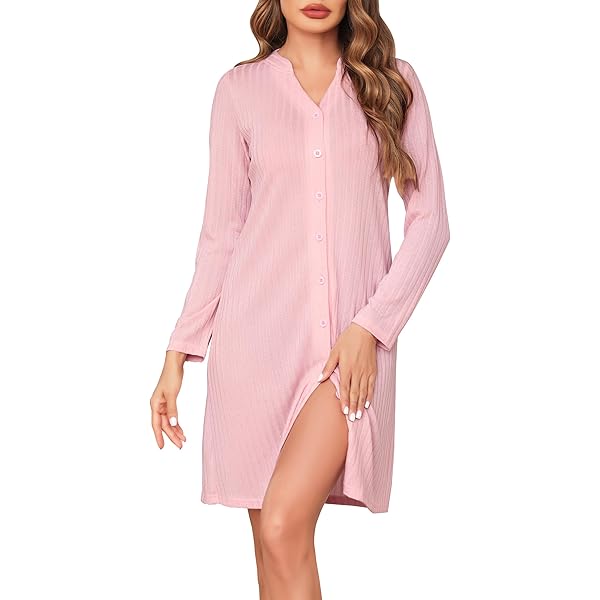 Litherday Damesnachthemd met lange mouwen, katoen, met knopen, ronde hals, nachtjas, pyjama, winterpyjama, borstvoedingsnachtjurk, zacht en comfortabel, Donkerblauw, XL