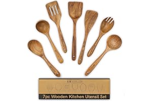 A&M Natural Living Wooden Kitchen Utensils Set of 7 for Cooking, Wooden Kitchen Utensils Including Wooden Spoons, Serving Spoon, Wooden Spatula Set, Wooden Spoons Cooking Kitchen Sets