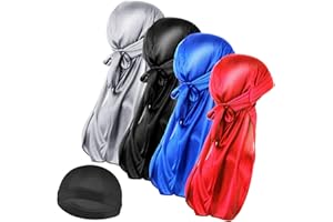 WLLHYF 4PCS Silk Durag Long Tail Durag 1 Wave Cap Set Breathable Bandana Turban Hat Soft Pirate Headwraps Cap Hair Loss Chemo Cap