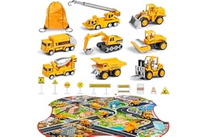LOYO Construction Vehicles Toys with Play Mat – 8 Mini Alloy Engineering Trucks Toys, 31.5x27.5Inch Play Mat, 12 Road Signs Birthday for 3 4 5 6 7 Years Old Toddlers Boys