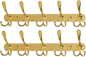 Dseap Garderobenleiste - Schwerlast Garderobenhaken Mit 5 Dreifachhaken, Edelstahl Wandgarderobe, Kleiderhaken Wand, Hakenleiste Garderobe für Mantel Hut Handtuch Handtasche, Gold, 2 Stück