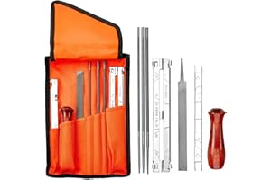 OKPOW Chainsaw Sharpener File Kit - Includes 5/32, 3/16, and 7/32 Round Files, 6 Inch Flat File, Wood Handle, Depth Gauge, Filing Guide, and Tool Pouch - for Sharpening Chain Saw Blades, 8 Piece