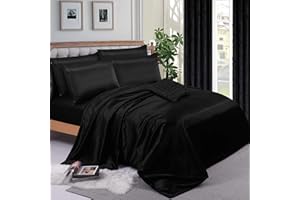 ZIMEL HOMES Six Pieces Satin Bedding Sets Duvet Cover, Fitted Sheet, 4 Pillow cases | Double, King and Super King Complete Silky Bedding Set (Black, Double)