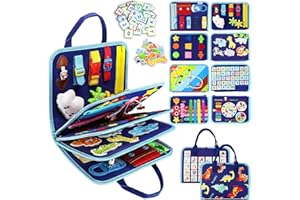 Esjay Busy Board Toddlers Toys, Montessori Busy Book for Fine Motor Skills Learning, Gifts for Boy Toddler Birthday, Toy for Travel Plane Car Activities, Sensory Early Educational(MultiPage Blue)