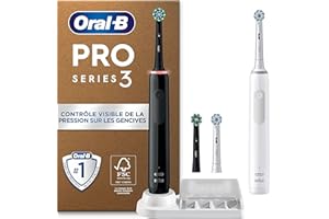 Oral-B Pro 3 Brosses À Dents Électriques Noire Et Blanche, Un Capteur De Pression Pour Protéger Les Gencives Sensibles, Des Accessoires, 4 Brossettes Rondes De Rechange, 1 Chargeur, Emballage Carton