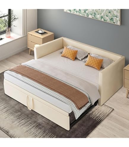 Gestoffeerd bed kinderbed 90x200,slaapbank met bedstee slaapbanks, gestoffeerd bed met ledverlichting, slaapbank vloerbed jeugdbed opbergbed bedframe met lattenbodem,Fluweel Beige (Zonder Matras