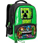 School Backpack for Minecraft Fan 6-12 Years, Primary &amp; Middle School, Creeper, 2 Compartments with Pocket and Bottle Net, 22