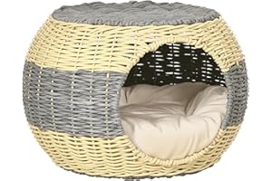PawHut Wicker Cat House, Rattan Raised Cat Bed w/Soft Cushion, Φ40 x 30cm