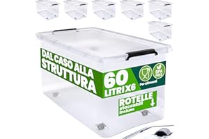 Deuba® 6X 60L Scatole in Plastica Trasparente Senza BPA Contenitori con Coperchio Impilabili Ruote Cassette Salvaspazio