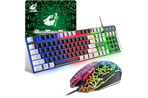 ZIYOU LANG Tastiera e Mouse da Gioco, Layout Italiano QWERTY Gaming Tastiera a Blocchi di Colore Retroilluminato a LED Colore Arcobaleno, Mouse 6 Tasti 2400 DPI e Tappetino per Mouse, Copritasti Nero+Bianco