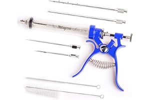 MILAGROSO Pistolet à marinade en acier inoxydable pour usage extérieur, seringues alimentaires aromatisées et 4 aiguilles à marinades pour barbecue, fumoir, injecteurs professionnels de seringue culinaire (bleu
