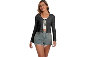 Dosieyeo Damen Strickjacke Häkel Cardigan mit Bindeband Vorne V Ausschnitt Langarm Jacke Leicht Cutout Strand Cover Up