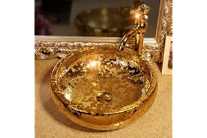 JDZJYBQX Lavabo en Céramique Dorée - Vasque Ronde luxe en Porcelaine -de salle de bainéviers de salle de bain-Pour Bar et Petit Vestiaire-41X41X15cm