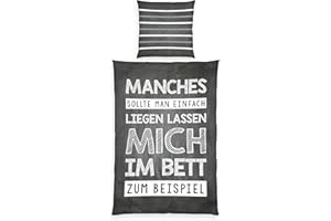 Herding Sprüche Bettwäsche-Set, Wendemotiv, Kopfkissenbezug 80 x 80 cm, Bettbezug 135 x 200 cm, Baumwolle/Renforcé, Grau/Weiß