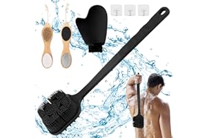 LPAMABA Brosse à dos en silicone pour la douche Brosse de Douche à Long Manche livrée avec 4 in 1 Lime pour Pieds Rapeuse Pieds, Applicateur de Gant Autobronzant, Lavez Votre Corps Facilement