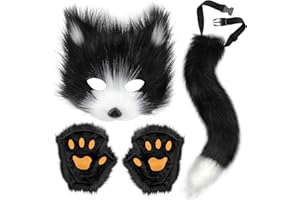 MOYUBATH Therian Mask and Tail Set, Handmade Wolf Paw Gloves Faux Fur Fox Tail Cat Cosplay Halloween Masquerade Costume