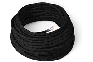 Amarcords - Câble électrique textile couleur NOIR, rond, jute, 1 mètre, à 2 brins 2x0,75 - Fil vintage en tissu coloré, pour lampes, lustres, appliques et abat-jours.