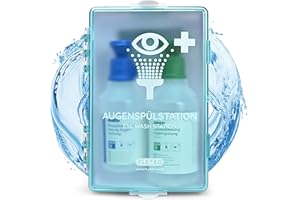 FLEXEO Augenspülstation inkl. (1x 500 ml NaCl-Kochsalzlösung + 1x 250 ml Phosphatpufferlösung) mit Wandhalterung – Augenspülung – Augendusche – sterile NaCl-Augenspüllösung – pH-neutral