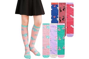 XEPST 6 par dziewczęcych podkolanówek – kolorowe kreskówkowe wzornictwo ciepłe bawełniane podkolanówki do połowy łydki śmieszne skarpetki do szkoły dziwne skarpetki dzień 3-12 lat dziewczynki - jeden