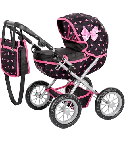 Poussette Poupée Dolly Tots Cherish – Bleu Marine Et Blanc, Poignée Ajustable 50-70 Cm, Pliable, Avec Sac à Langer, Couverture Et Panier – Dès 3 Ans
