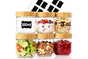 Otauoaea 6 Bocaux en Verre, 350ml Pot en Verre avec Couvercle pour Overnight Oats,Pot de Yaourt avec Couvercle,Overnight Oats Jar,Bocal Hermétique pour la Meal Prep,Yaourt,Salades