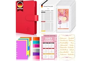 Budget Planner Lot de 2 pochettes de rangement pour budget A6,Design entièrement allemand,Avec feuilles en allemand,Ensemble allemand,Livre de ménage avec compartiments pour argent (rouge)