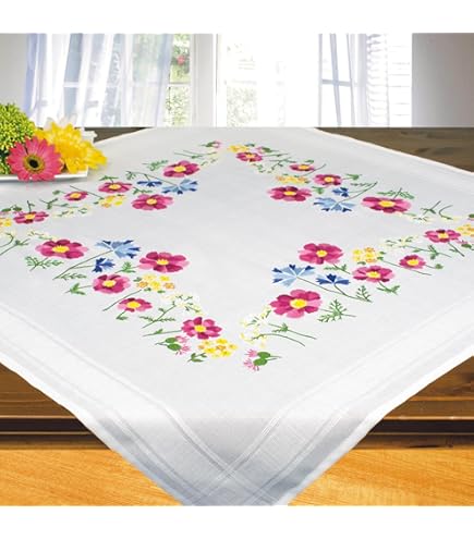 VERVACO Kit Broderie Pré-Imprimé Nappe Fleurs ET Papillons Complet Set DIY Adulte Decoration Table Manuelle Loisir Créatif Cadeau Femme Ca. 80 X 80 Cm Embroidery Patron, Coton, Multicolore