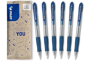 PILOT Caja de 6 Bolígrafos Super Grip - Biros recargables y retráctiles - Azul - Punta Media
