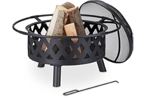 Relaxdays Brasero de Jardin, Vasque, bac feu avec Pare-étincelles et tisonnier, HxD 53 x 76 cm, Acier, Rond, Noir