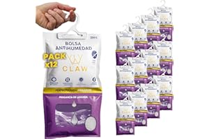 CLAW PROJECT Pack de 12x250g Bolsas Antihumedad Armario Ropa Ambientador Lavanda – Deshumificador Percha Colgante Garaje – Elimina malos Olores - Absorbente Humedad Trastero