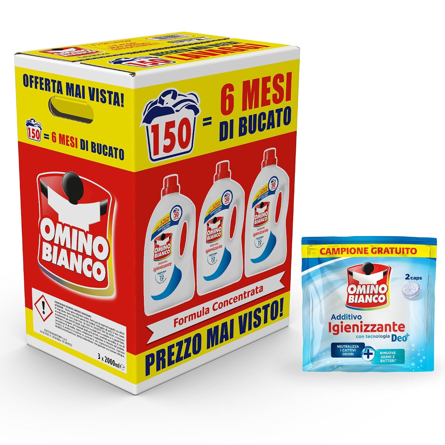 Omino Bianco - Detersivo Lavatrice Igienizzante Liquido, 150 Lavaggi, Rispetta Colori e Tessuti, Igienizza e Rimuove Germi e Batteri, 2000 ml x 3 + Campione di Additivo Lavatrice Igienizzante Idrocaps | Rimuove le macchie più difficili come sugo o vino e quelle secche, per bianchi e colorati, capsule idrosolubili predosate