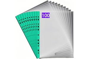 PUTOAHAO 100 Pezzi Buste Trasparenti Anelli A4,Cartelline Trasparenti A4 in PP (0.06mm,60 micron),11 Fori per 2/3/4 Anelli,Formato DINA4 (20-30 Fogli),per Scuola/Ufficio/Casa (Lato verde,6C-100)