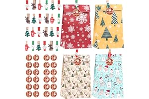 KUFAERBEAM Sacchetti Regalo Natale, Set di 24 Buste Regalo Natale con 24 Mollette e 24 Adesivi, per Sacchetti Calendario Avvento, Caramelle, Biscotti, Carta Kraft, 22,3x12x8cm
