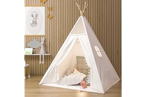 Gamenote Teepee Tent for Kids Indoor Tents with Mat, Inner Pocket, Unique Reinforcement Part - Foldable Play Canvas Tipi Childrens Girls & Boys