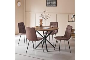 DEYARNA HOME Essgruppe 5-Teilig, 100cm Runder Esstisch und 4 Kunstleder Esszimmerstühle, Tisch und 4 Stühle für Küche, Wohnzimmer, Balkon, Restaurant, Büro (Dunkle Holzfarbe+Dunkelbraun)