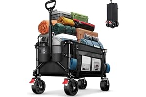 BELEEV Folding Festival Trolley Wagon, Collapsible Camping Trolley Cart with 6" All-Terrain Big Wheels, Side Pocket & Drink Holders, 130L Pull Along Trolley for Beach Grocery Garden Shopping(Black)
